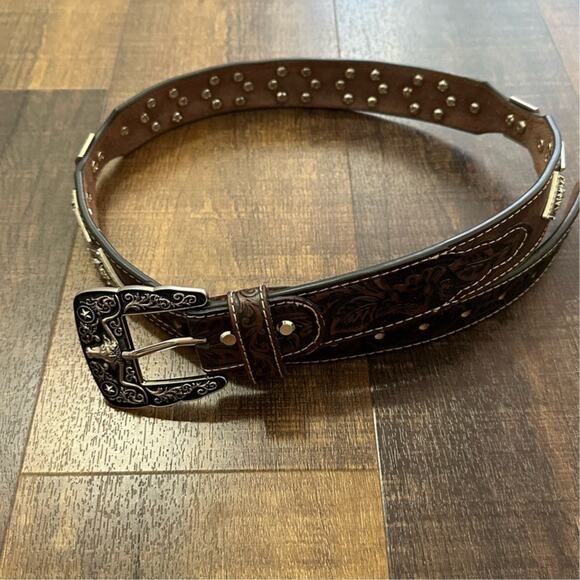 Justin Western Tooled Leather Belt Horse Concho Silver Buckle Size L main image 6
